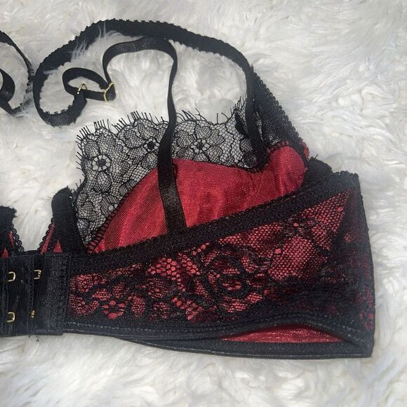 Seven Til Midnight Satin & Eyelash Lace Bra Red / Black Women Lingerie Medium - Picture 4 of 7
